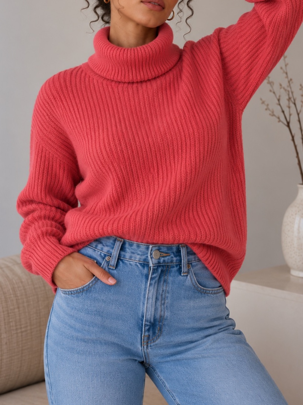 Soft Ribbed Turtleneck Sweater in Coral Pink